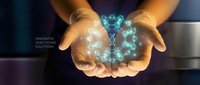 Hands holding glowing DNA helix with molecular structures representing genetic research, biotechnology innovation and medical science breakthroughs.