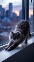 Gray tabby cat stretching on windowsill with blurred city skyline at dusk, suitable for pet, lifestyle, and urban interior design projects.