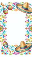 Colorful festive frame with traditional straw sombreros, maracas and vibrant floral ornaments on white background for party invitations and celebration designs.