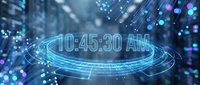 Futuristic holographic clock display showing 10:45:30 AM with glowing blue digital interface and light effects for technology presentations.