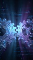 Two glowing circuit board gears meshing against a dark digital background with binary code, symbolizing technology, automation, and AI integration.