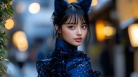 Young Asian woman in dark blue sequin dress with cat ears against blurred bokeh lights background, creating magical evening atmosphere. Soft portrait with dreamy expression.