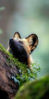 Curious German Shepherd dog peeking over mossy log in forest setting, head tilted upward with alert expression against soft green bokeh background.
