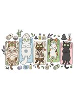 Cats relaxing in spa beds with wellness products, aromatherapy oils, and self-care items. Isolated clipart design for pet grooming, veterinary, and wellness marketing materials.