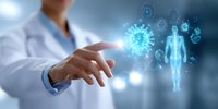 Medical professional in white coat pointing at glowing blue holographic coronavirus and human body visualization against dark background with digital elements.