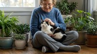 Smiling senior Caucasian woman sitting on floor petting black and white cat surrounded by lush houseplants in cozy home interior.