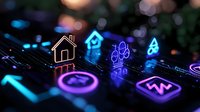 Glowing neon smart home icons and symbols on digital circuit board surface with blue and purple lighting effects create futuristic technology concept.