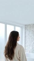 Young woman with long brown hair in beige sweater looking out bright window in modern white interior room for lifestyle and wellness concepts.