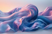 Abstract flowing silk fabric in pink and blue colors creating smooth wavy curves and folds against soft gradient background with sparkle effects.