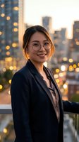 Professional Asian businesswoman in glasses smiling confidently on urban balcony at sunset with city skyline and glowing lights in background.