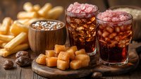 Cola drinks with ice cubes served in glasses alongside crispy french fries and dipping sauce on rustic wooden board, close up view of fast food snacks.
