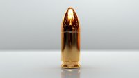 Golden metallic bullet on light gray background, dramatic studio lighting creates reflection and shadow. Isolated ammunition photography for defense and security concepts.