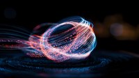 Glowing pink and blue light trails create dynamic swirling patterns against dark background, capturing motion and energy in long exposure photography.