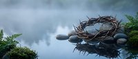 Floating wooden nest made of branches and thorns suspended above water with surrounding green foliage and cloudy sky, suitable for fantasy, nature, and surreal artwork projects.