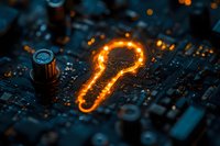 Glowing key symbol on circuit board with orange light effect against dark electronic components, representing digital security and data protection concepts.