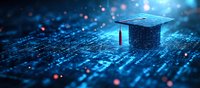 Digital graduation cap on circuit board background with glowing blue technology elements and binary code pattern, symbolizing online education and e-learning advancement.