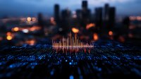 Digital sound wave visualization on dark background with blurred city skyline and lights at dusk, representing audio technology and urban music scene.