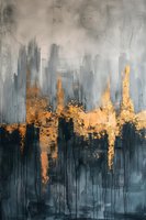 Modern abstract cityscape painting featuring dramatic gold and navy blue colors with dripping effect. Perfect for luxury interior design and contemporary wall art decoration.