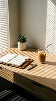 Minimalist workspace with wooden desk, potted succulent plant, iced beverage, open notebook and pen bathed in natural sunlight through venetian blinds for office and lifestyle design projects.