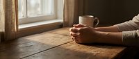 Cozy morning scene with hands holding warm coffee mug on rustic wooden table by window with soft natural light creating peaceful atmosphere for relaxation.