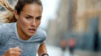 Athletic young woman with determined expression running outdoors in urban environment, wearing grey sportswear. Hair flowing in motion during cardio workout.