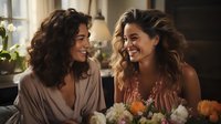 Two happy young women with wavy hair sharing joyful moment at home, laughing and bonding over fresh flower bouquet in natural window light setting.