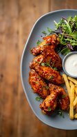 Glazed chicken wings with herbs and fries served on gray plate with dipping sauce, appetizer meal on wooden table background for restaurant menu.