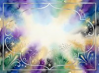 Watercolor gradient background with ornamental flourishes, fireworks, and decorative botanical elements in purple, blue, gold, and green tones with central white space for text or design overlay.