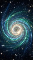 Spiral galaxy with swirling arms in blue and green hues against starry space background for astronomy and science concepts.