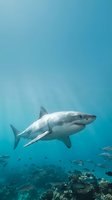 Great white shark swimming in deep blue ocean water above coral reef with small fish in natural marine habitat for wildlife and conservation content.