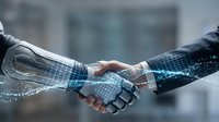 Business handshake with digital technology overlay representing partnership, cooperation and innovation in modern corporate environment.