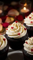 Chocolate cupcakes with vanilla frosting decorated with red heart sprinkles and gold pearls for Valentine's Day celebration and romantic occasions.