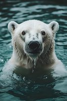 Majestic polar bear swimming in dark water with wet fur and intense gaze. Wildlife photography showcasing Arctic marine mammal in natural aquatic habitat.
