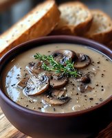 Creamy mushroom soup with fresh thyme garnish served in ceramic bowl with crusty bread slices for comfort food dining and restaurant menu photography.
