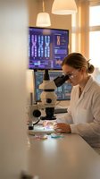 Female scientist examining samples under microscope in modern laboratory with genetic data displays on monitors for research and analysis.