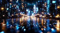 Abstract urban night cityscape with glowing lights and bokeh effect creating dynamic motion blur perspective. Reflective wet surface adds depth to metropolitan scene.