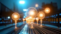 Glowing light bulbs connected by luminous lines floating above digital surface, representing innovation and technological connectivity in business concept.