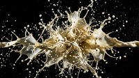 Liquid gold splash with dynamic droplets and splatter effect frozen in motion against black background, suitable for luxury, beverage, and abstract design projects.