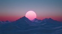 Dramatic mountain silhouettes against vibrant pink sunset sky with large sun disk rising above peaks creating ethereal landscape atmosphere in purple and blue tones.