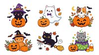 Cute Halloween characters sitting on jack-o-lantern pumpkins with witch hats, ghosts, cats, bats and autumn leaves. Isolated clipart for seasonal designs.