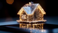 Glowing miniature house with warm fairy lights creating magical holiday atmosphere, reflecting on dark surface. Festive winter decoration with bokeh effect.