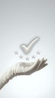 Hand presenting five star rating with checkmark symbol for quality service feedback and customer satisfaction evaluation on neutral background.