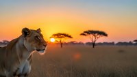 Majestic lioness in African savanna at golden sunset with acacia trees silhouetted against orange sky, wildlife photography capturing serene moment in grassland.