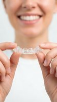 Woman holding clear dental aligner with bright smile showing straight white teeth for orthodontic treatment and teeth straightening care.