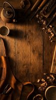 Traditional tea ceremony setup with cast iron teapot, dried flowers, wooden utensils, and ceramic cups arranged on rustic wooden surface for culinary and wellness content.