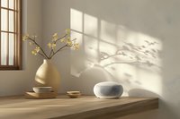 Minimalist wooden table with ceramic vase holding yellow blossoms, white bowl, and shadow play on neutral wall, creating serene home decor atmosphere.