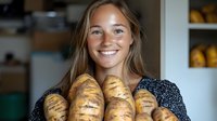 Young woman with bright smile holding freshly baked artisanal bread loaves in rustic kitchen setting, warm natural lighting highlights homemade baking atmosphere.