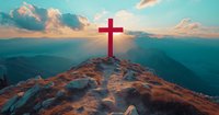 Red cross on mountain peak at sunset, dramatic sky with clouds over misty mountain ranges, spiritual landscape in warm golden light and turquoise tones.