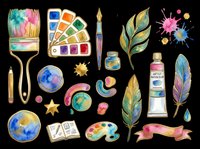 Watercolor painting supplies and art elements isolated on transparent background, ready for clipart, t-shirt design, stickers, print-on-demand products and sublimation projects.