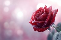 Dew-covered red rose bloom with water droplets against soft pink bokeh background, creating romantic atmosphere for Valentine's Day and wedding designs.